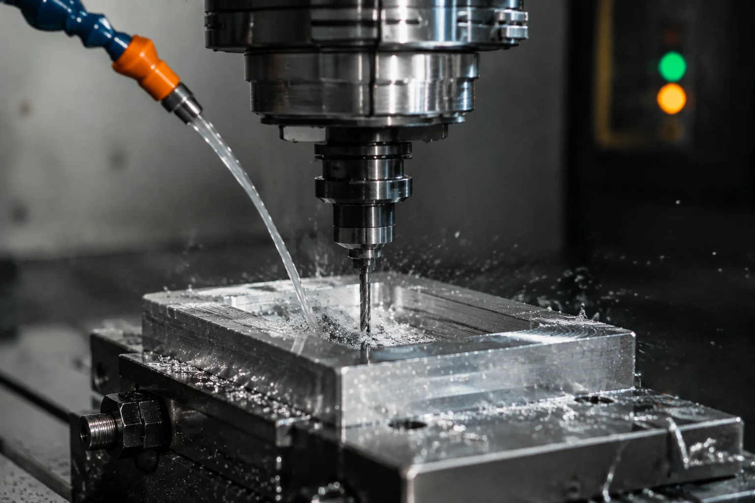 CNC end mill cutting aluminum block with coolant spray and metal chips — CNC machining process close-up