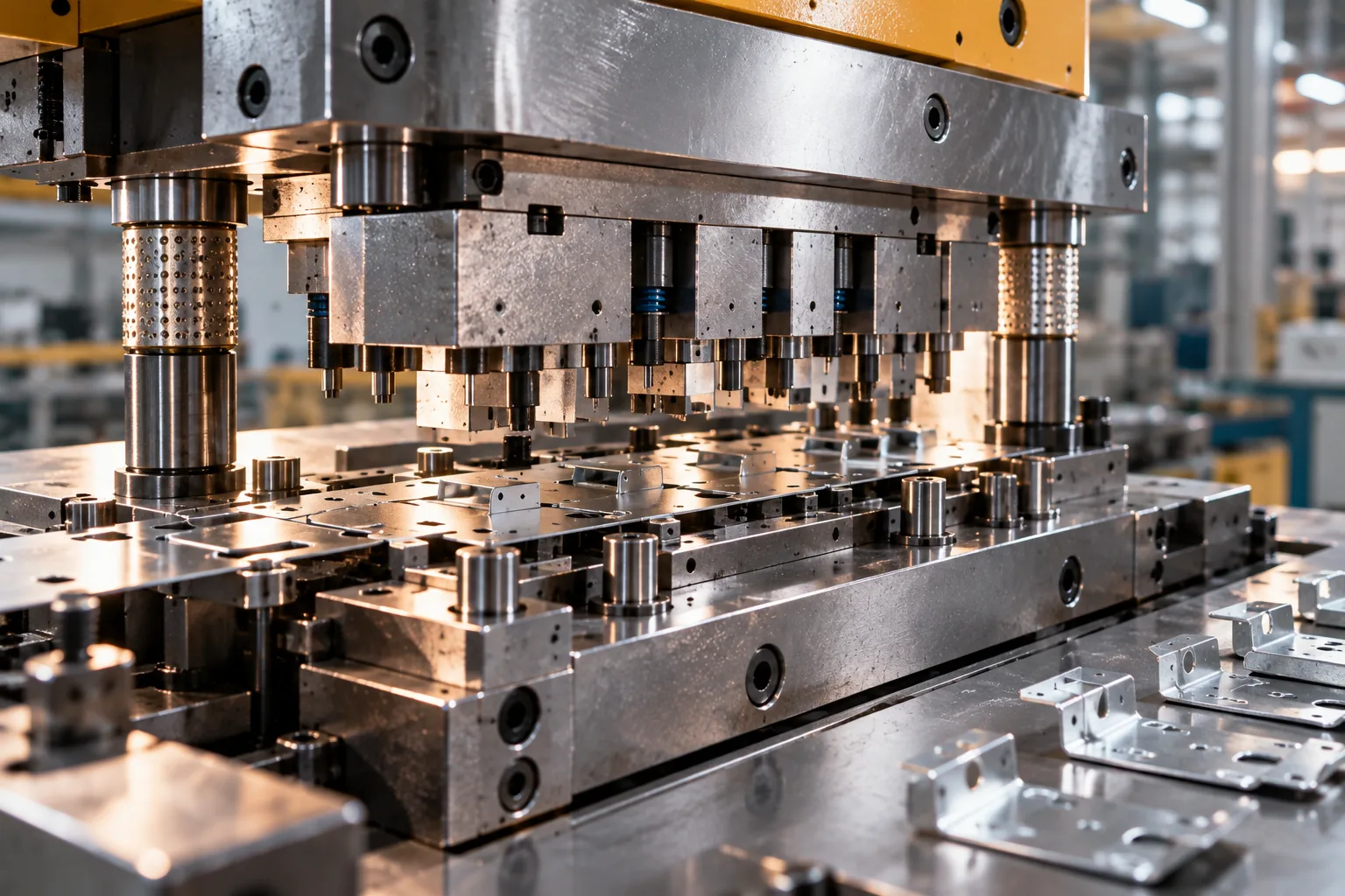 Stamping die close-up — compound die blanking and piercing in one stroke — WERIX Metal precision sheet metal fabrication Stamping die close-up — compound die blanking and piercing in one stroke