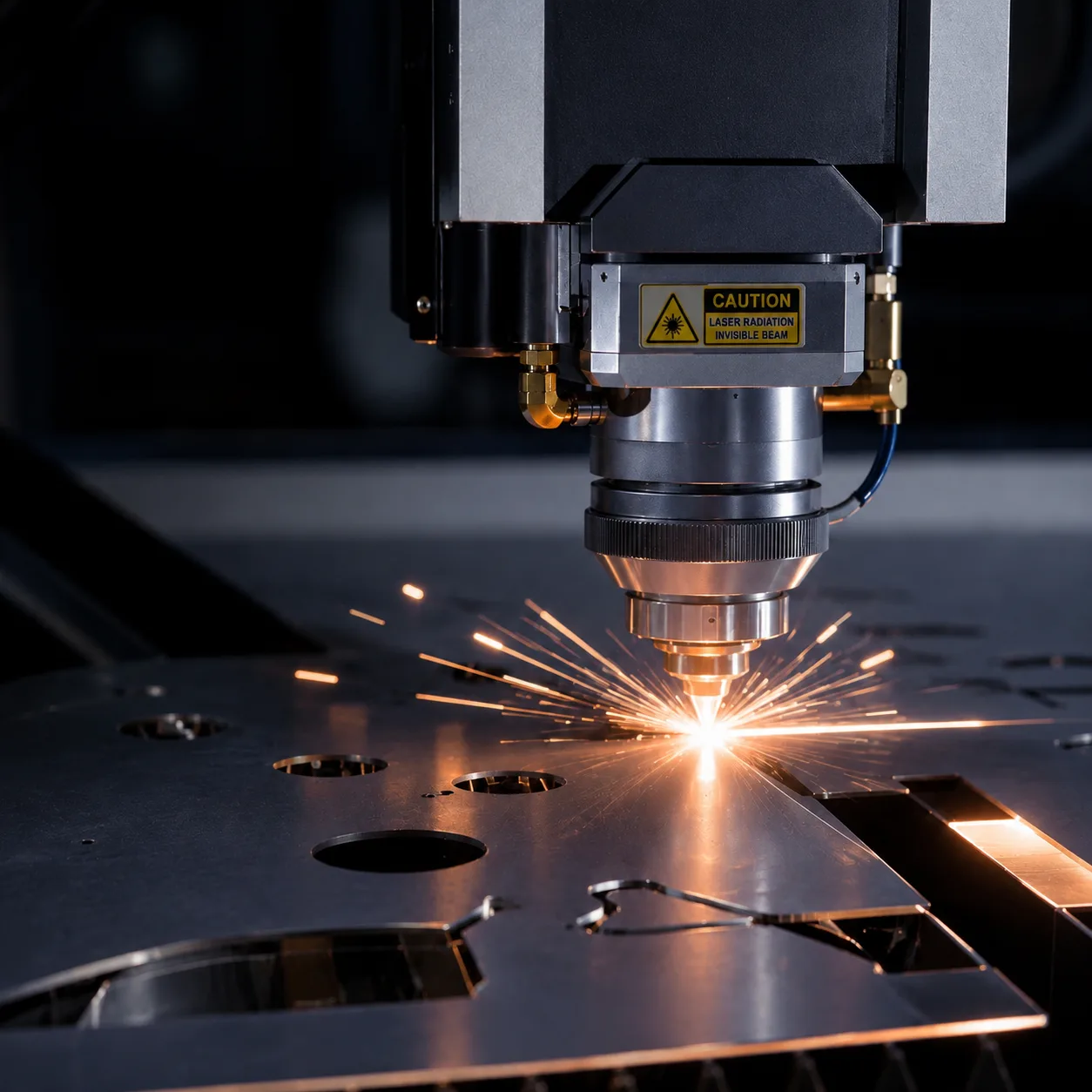 Fiber laser cutting machine in operation — CNC sheet metal cutting with sparks