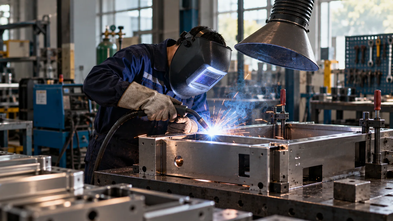 Manual MIG welding of a steel frame assembly — wire-feed welding under shielding gas — WERIX Metal precision sheet metal fabrication Manual MIG welding of a steel frame assembly — wire-feed welding under shielding gas