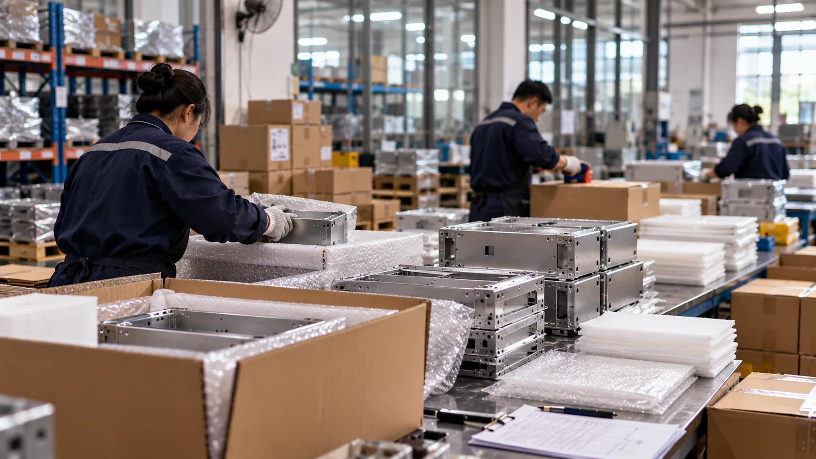 Packaging center at WERIX Metal — sheet metal enclosures protected with foam and cartons, ready for export