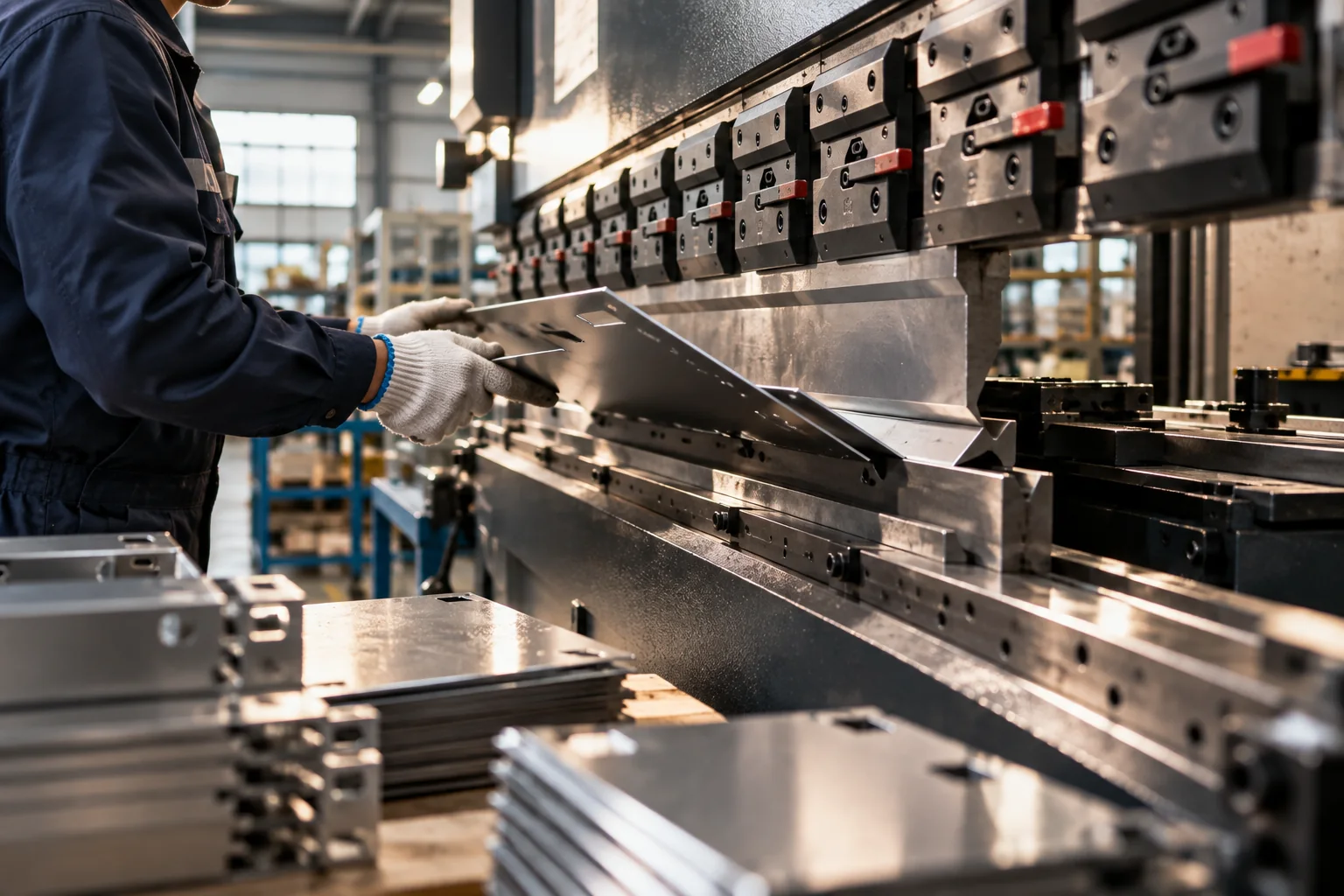 Press-brake operator feeding a formed sheet-metal part under the bending tool row in our own workshop — WERIX Metal Press-brake operator feeding a formed sheet-metal part under the bending tool row in our own workshop