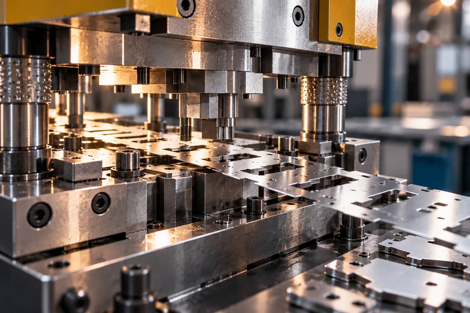 Progressive die stamping close-up — multi-station strip-fed tooling in a press — WERIX Metal precision sheet metal fabrication Progressive die stamping close-up — multi-station strip-fed tooling in a press