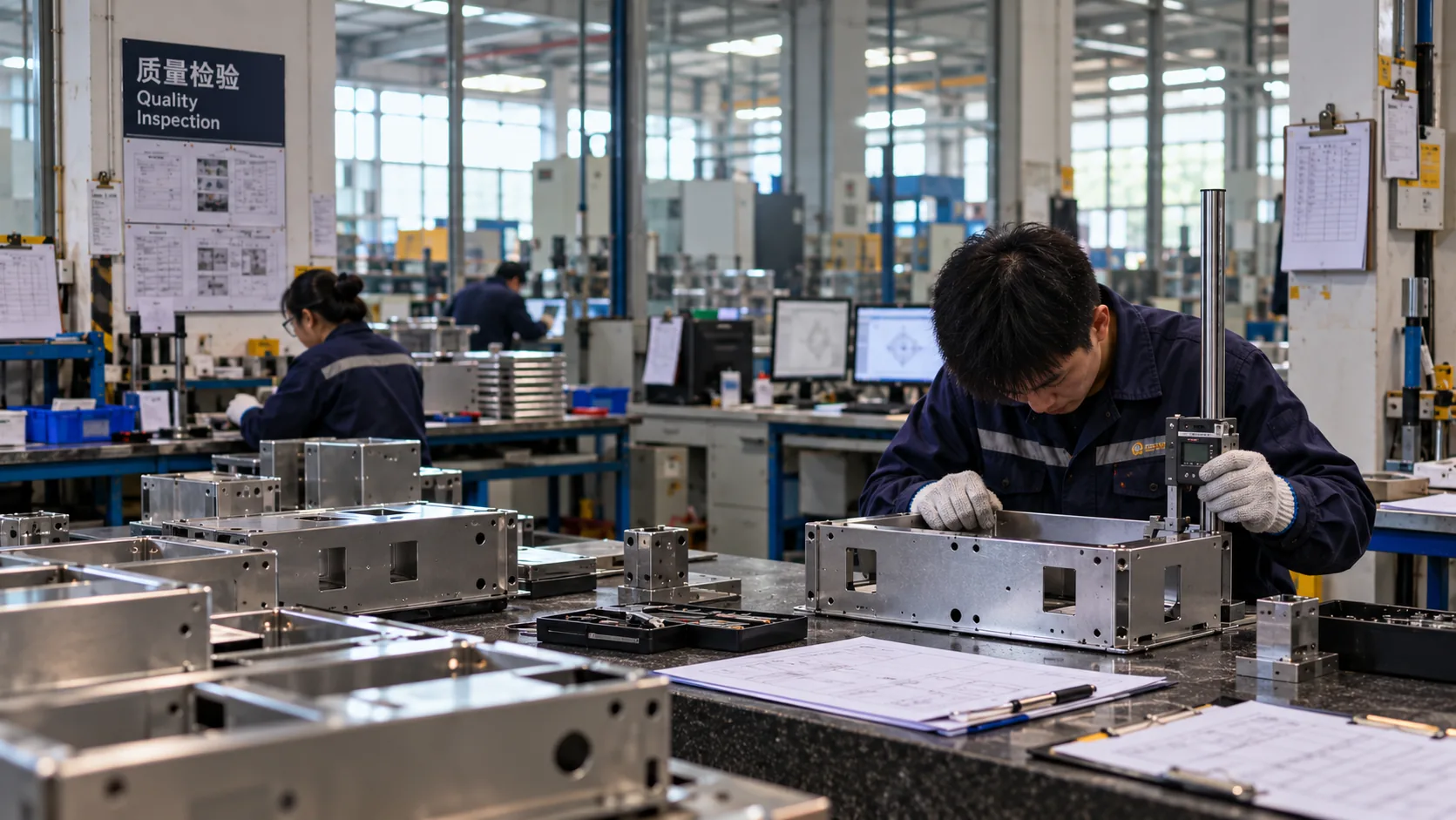 Quality inspection center at WERIX Metal — a technician measuring a sheet metal enclosure against the drawing