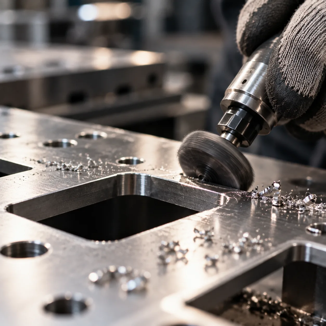 Gloved hand running a rotary deburring tool along the cut edge of a sheet metal part — WERIX Metal precision sheet metal fabrication Gloved hand running a rotary deburring tool along the cut edge of a sheet metal part