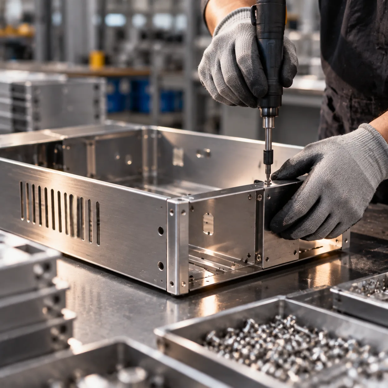Sheet metal enclosure assembly — a power driver fastening a stainless steel housing, with rivet-nut and fastener trays alongside