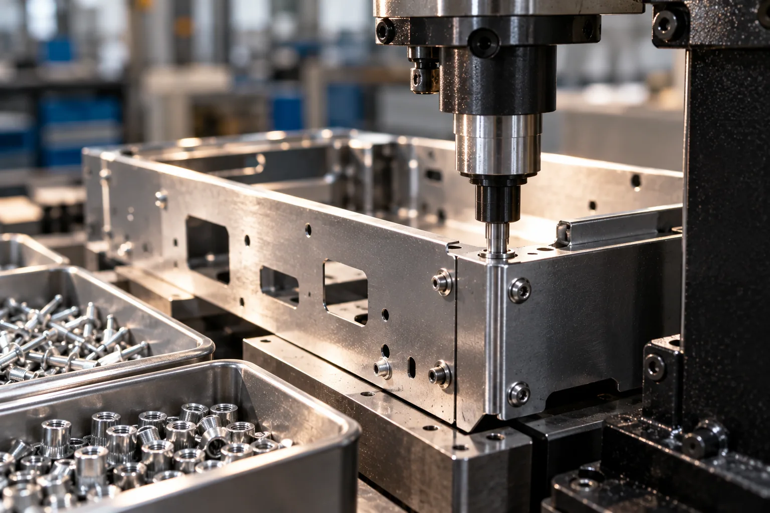 Press tooling close-up — hardware insertion into a sheet metal part