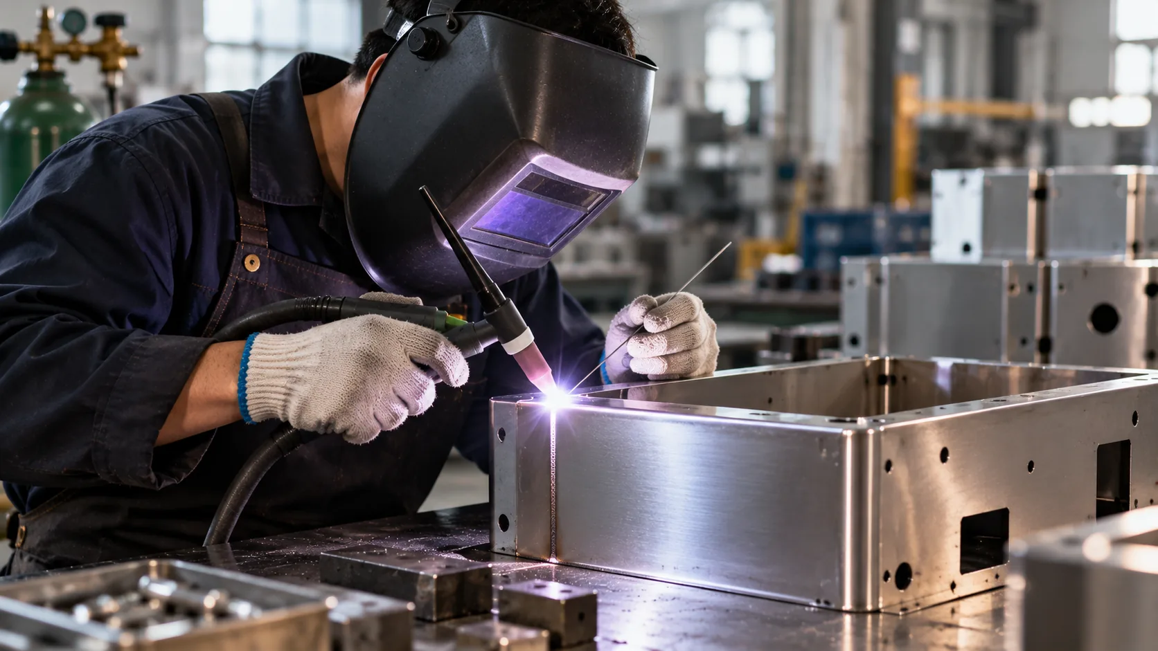 Manual TIG welding on stainless steel enclosure — precision arc welding — WERIX Metal precision sheet metal fabrication Manual TIG welding on stainless steel enclosure — precision arc welding
