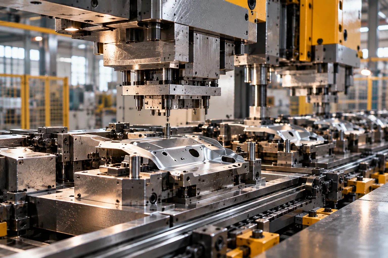 Mechanical press stamping line — transfer die production for large complex parts — WERIX Metal precision sheet metal fabrication Mechanical press stamping line — transfer die production for large complex parts