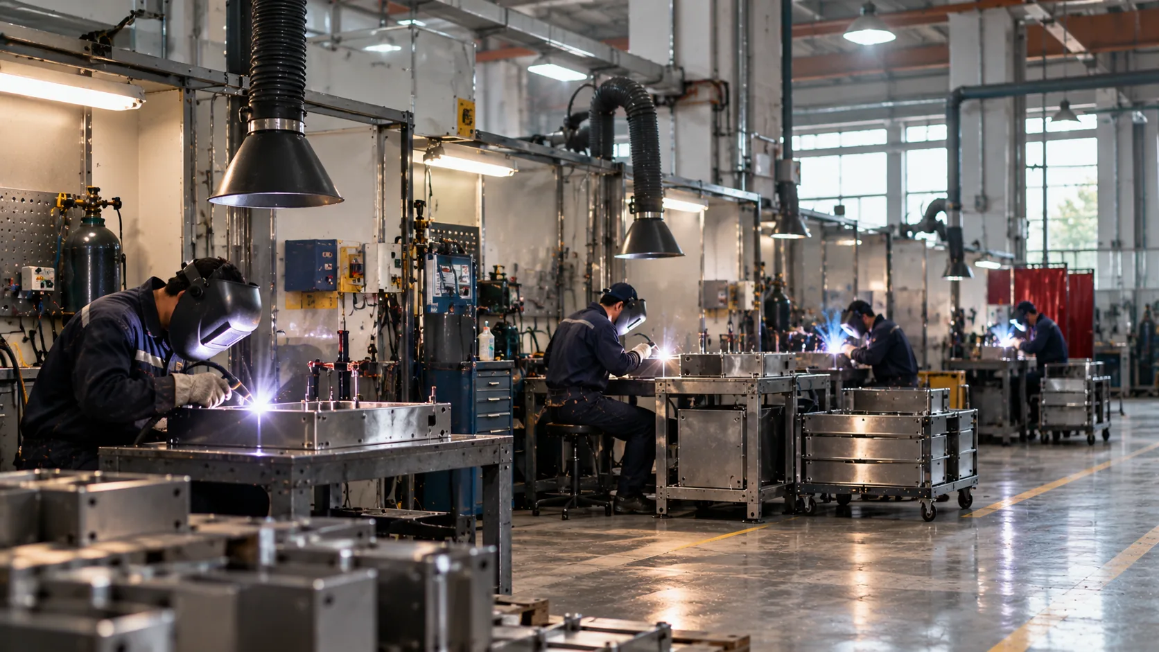 Welding center at WERIX Metal — welders joining sheet metal frames and enclosures at dedicated MIG and TIG stations