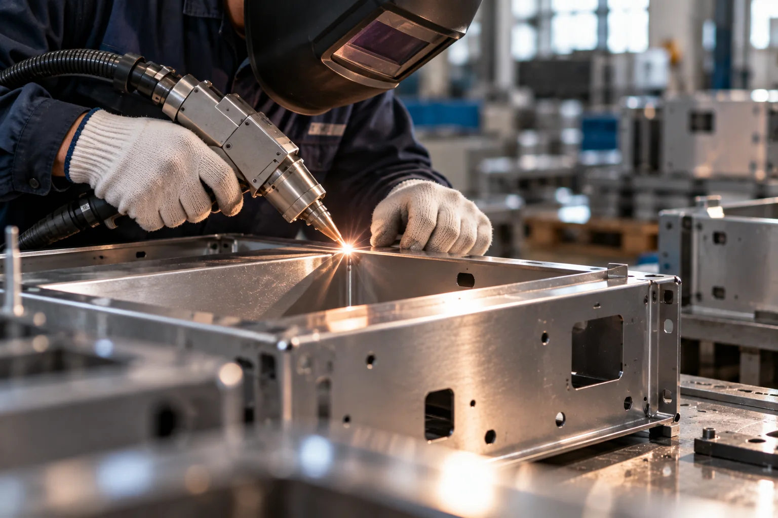 Welder TIG welding a sheet-metal enclosure corner on our own floor, sparks at the joint — WERIX Metal Welder TIG welding a sheet-metal enclosure corner on our own floor, sparks at the joint