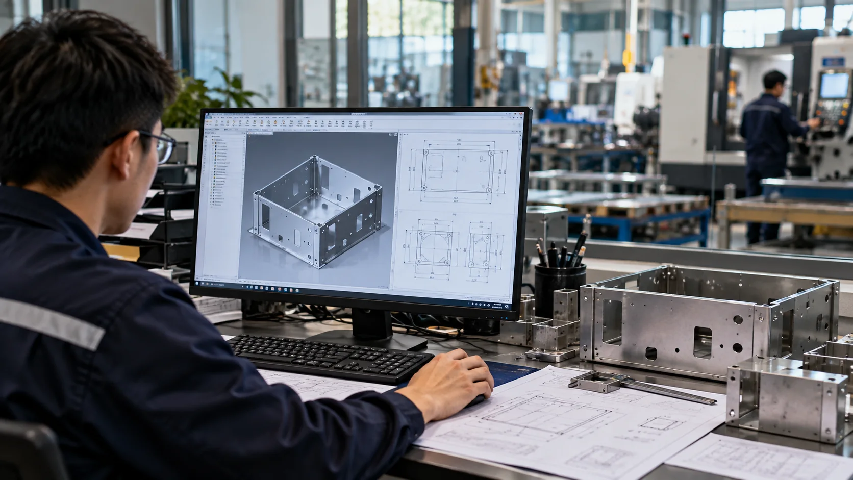 Engineer reviewing a 3D sheet-metal enclosure model against its drawing, with sample parts and a caliper on the desk — WERIX Metal Engineer reviewing a 3D sheet-metal enclosure model against its drawing, with sample parts and a caliper on the desk