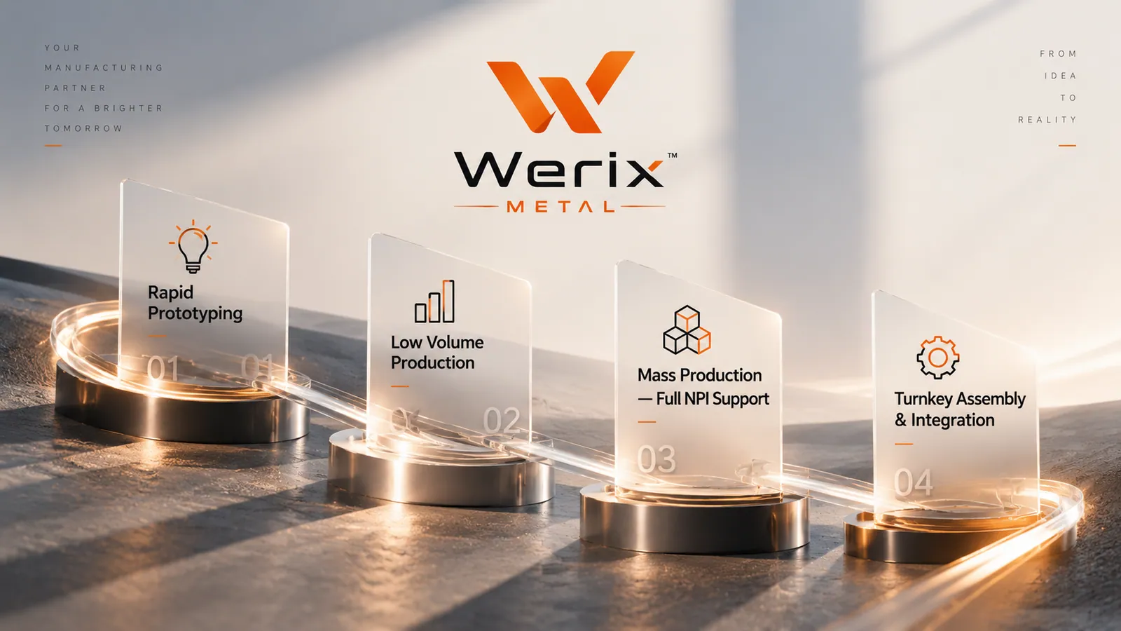 Four sheet metal manufacturing stages — rapid prototyping, low volume production, mass production and turnkey assembly