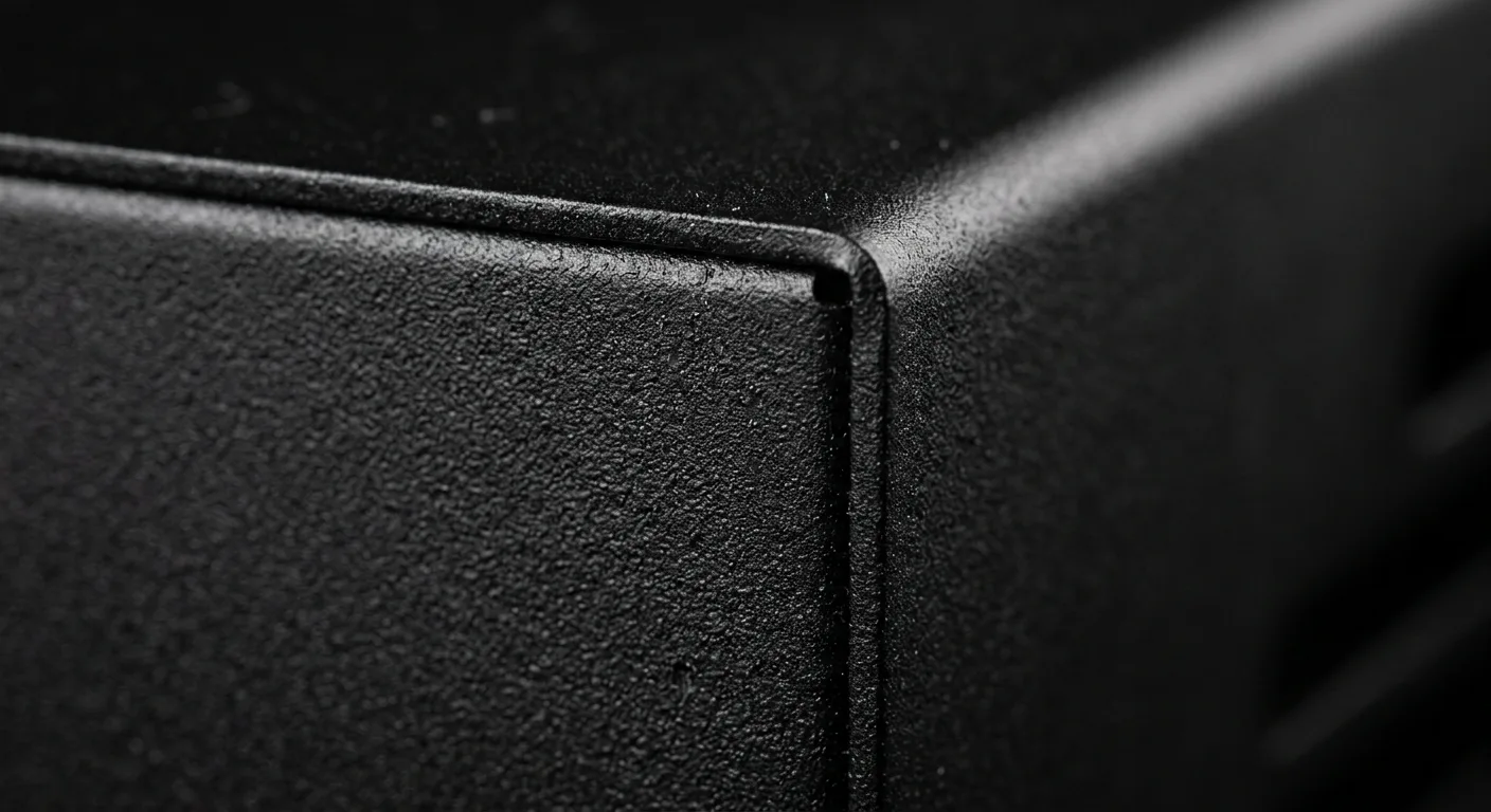Powder coated metal corner detail — satin matte RAL finish on sheet metal — professional surface finishing service by WERIX Metal Powder coated metal corner detail — satin matte RAL finish on sheet metal