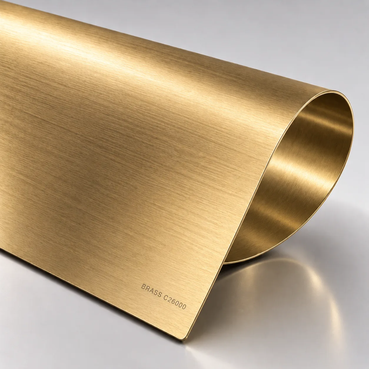 C26000 cartridge brass coupon with the warm 70/30 yellow tone used for RF enclosures, terminals and decorative trim