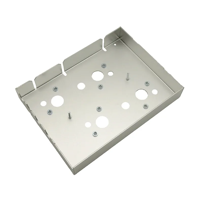 AL5052-H32 aluminium equipment base plate with pre-installed PEM inserts and standoff screws, bead-blasted finish