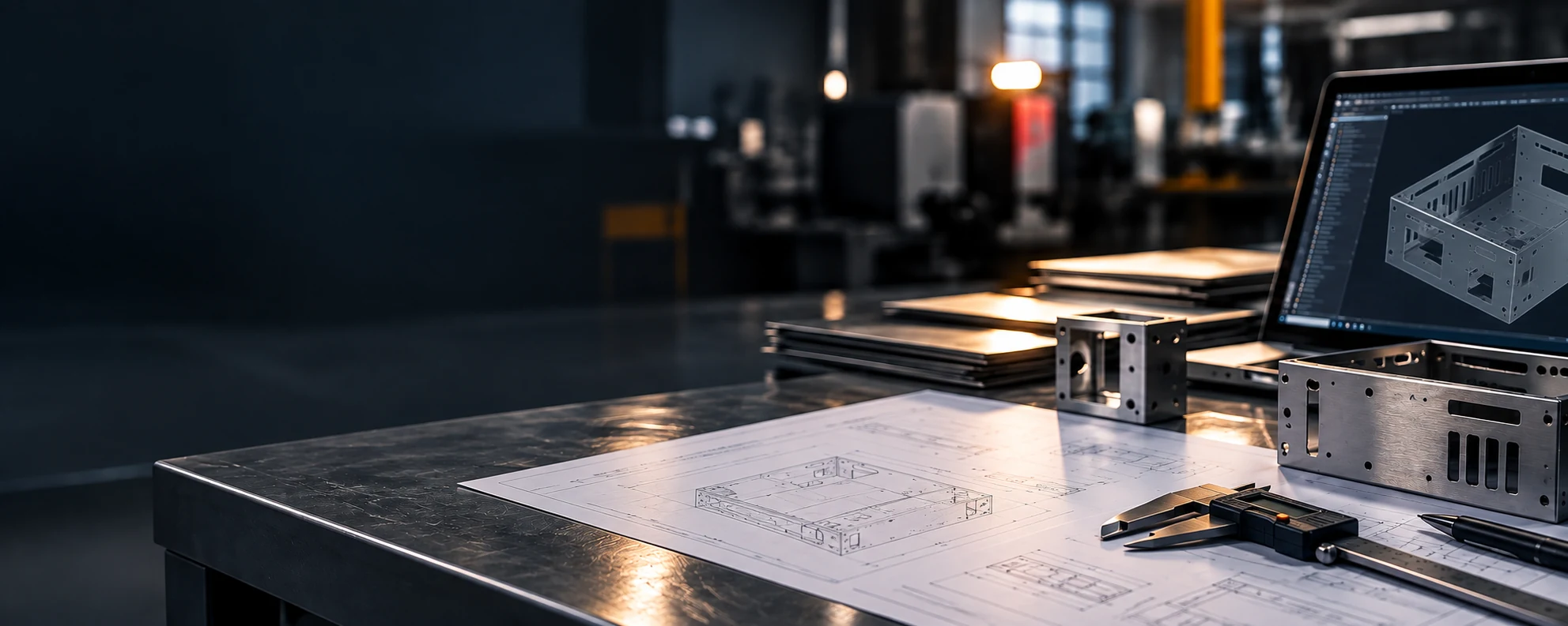 Engineering reference desk with sheet metal drawings, a caliper, bent enclosures and a CAD model — the resources our engineers work from