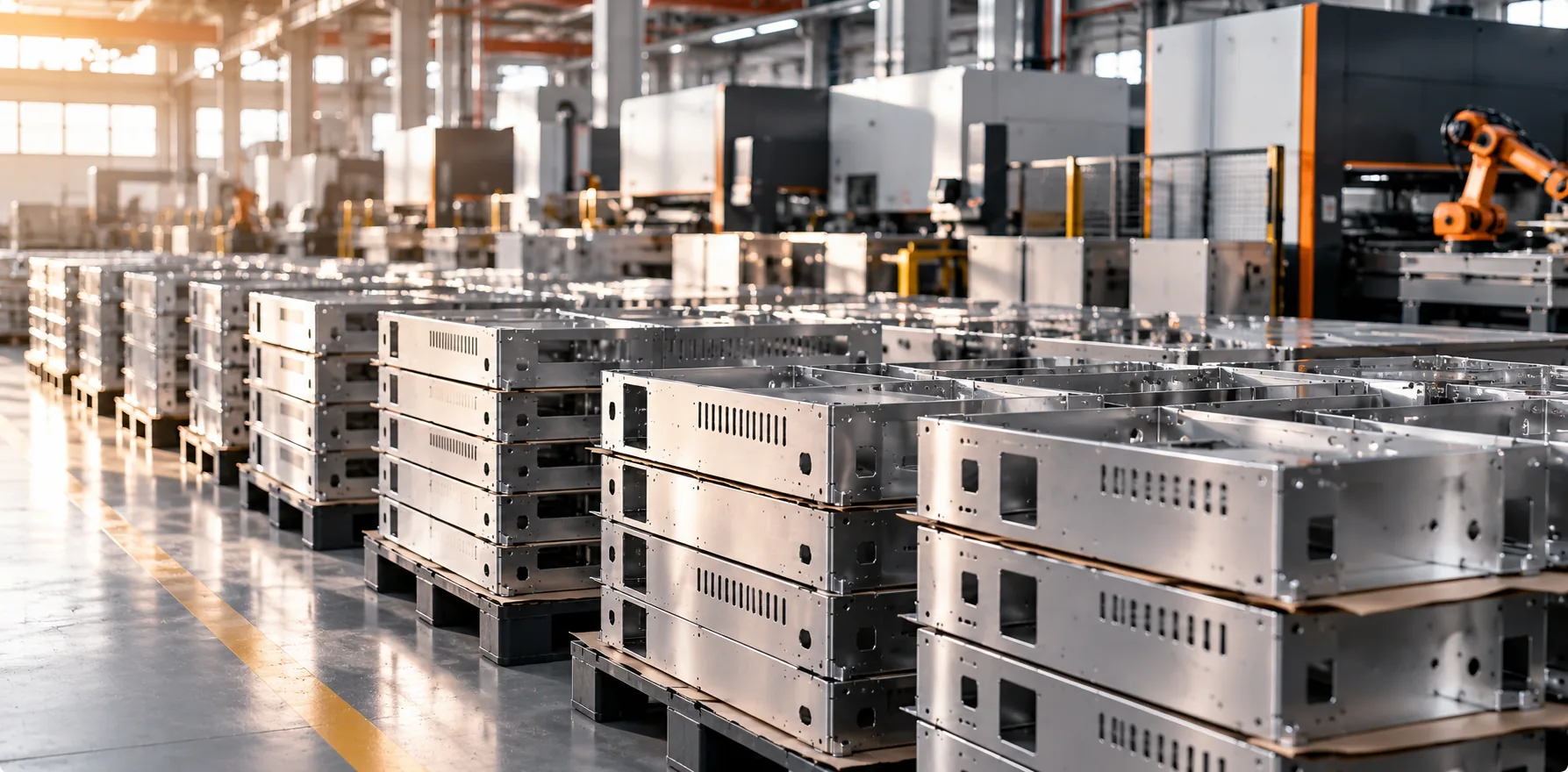 Mass production NPI line: high-volume sheet metal parts moving through tooling and assembly